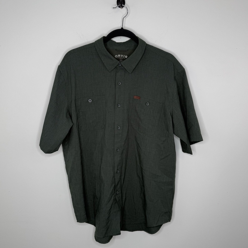 Orvis Men's Size XL Camp Shirt Green Front Pocket Button Up Lightweight Logo EUC